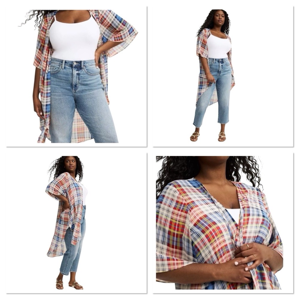 Torrid Sheer Plaid Kimono Cardigan Open Front Duster Plus Size 00/M/L Blue Red